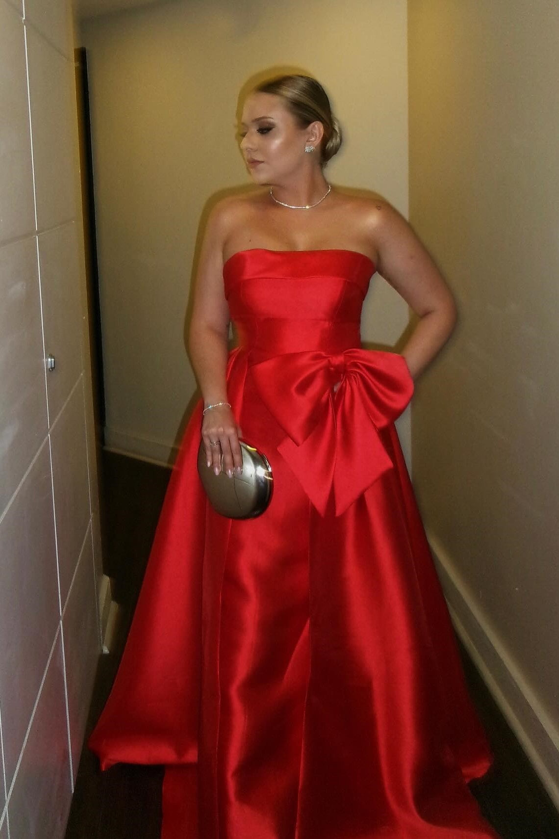 Red Strapless Side Bow A-line Dress