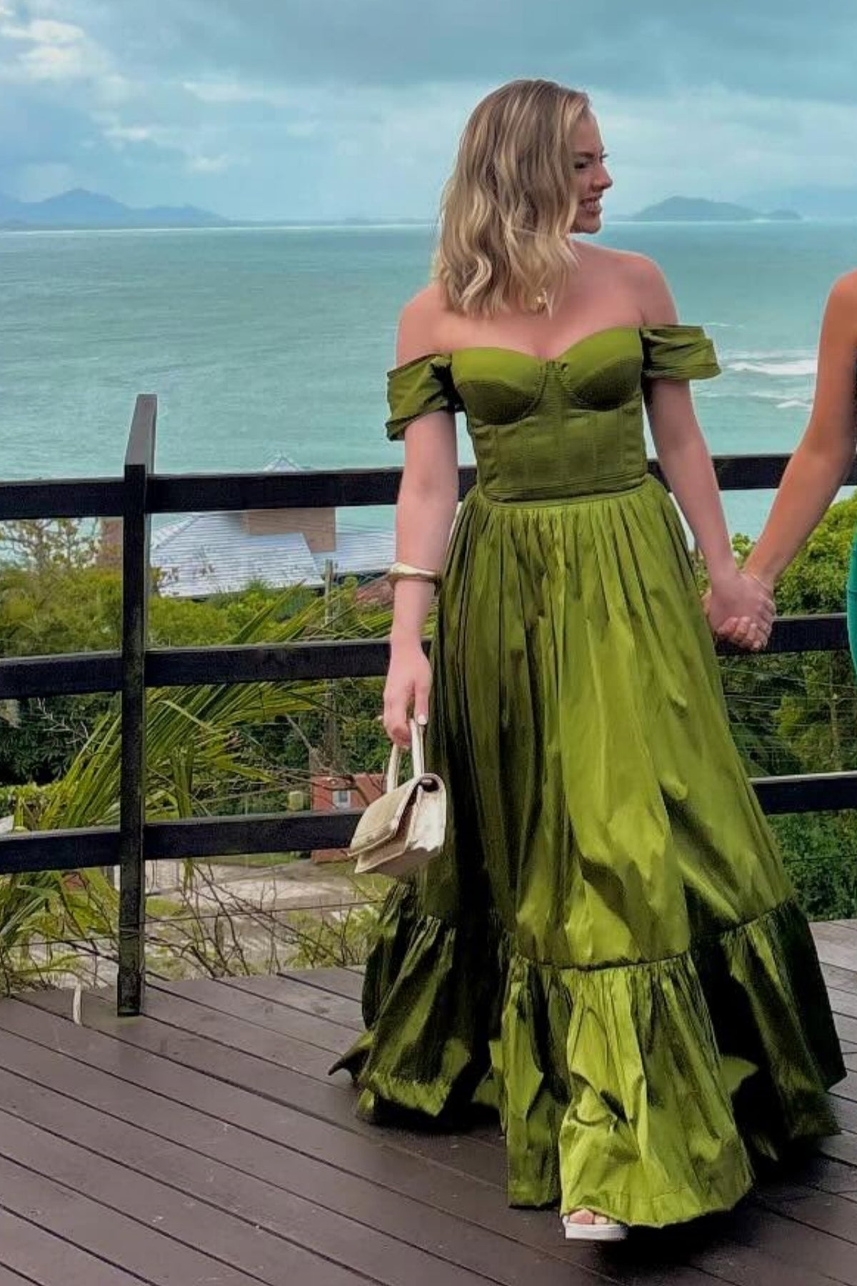 Yellow-Green Off-the-shoulder A-line Dress