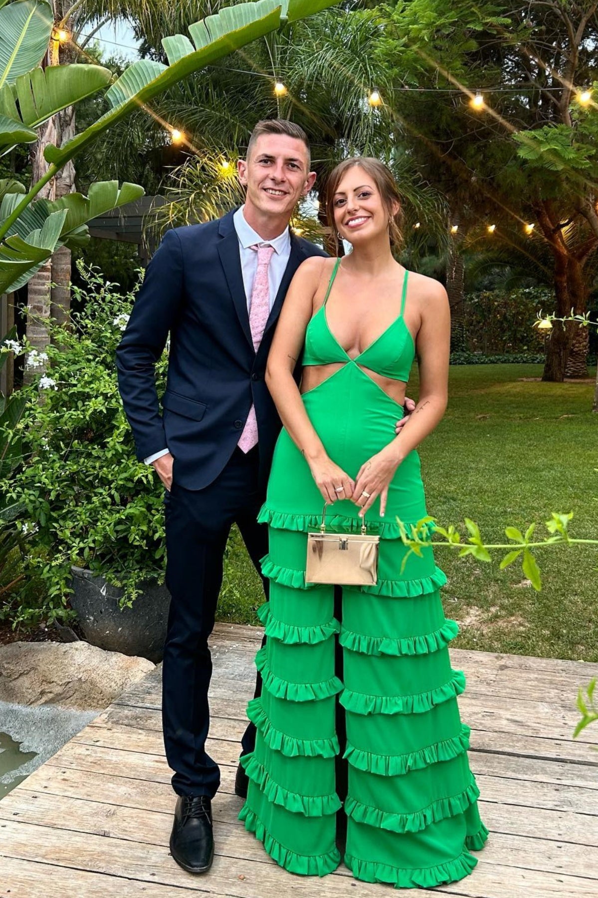 Green Spaghetti Strap Ruffle A-line Dress