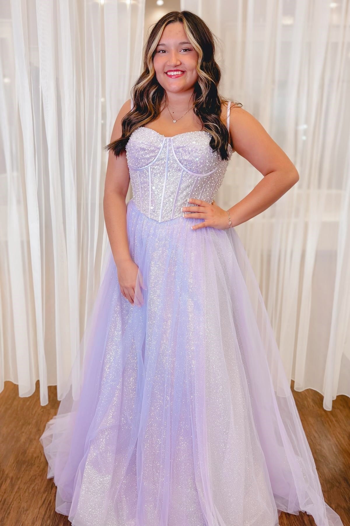 Spaghetti Straps Lavender Sequin A-line Formal Gown