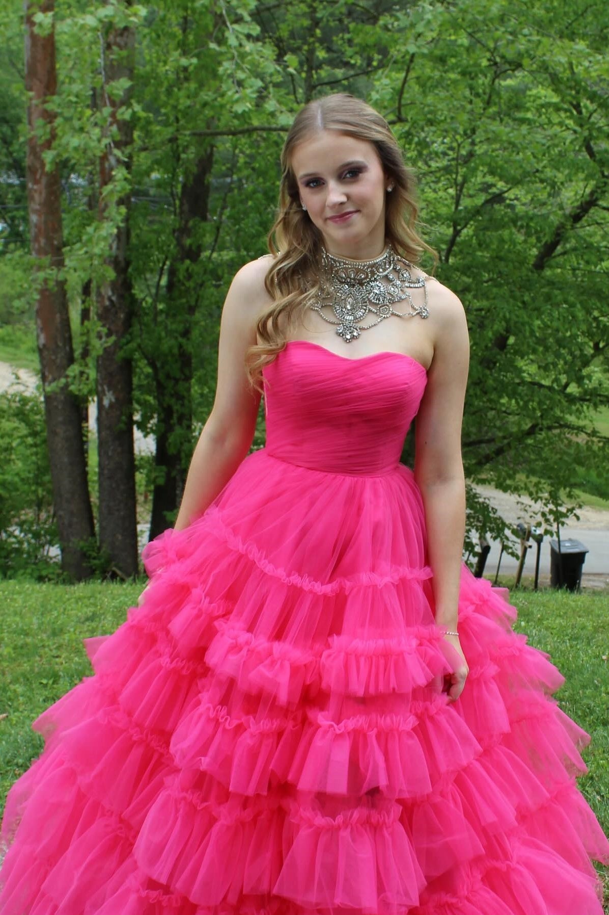 Hot Pink Sweetheart A-line Ruffled Gown