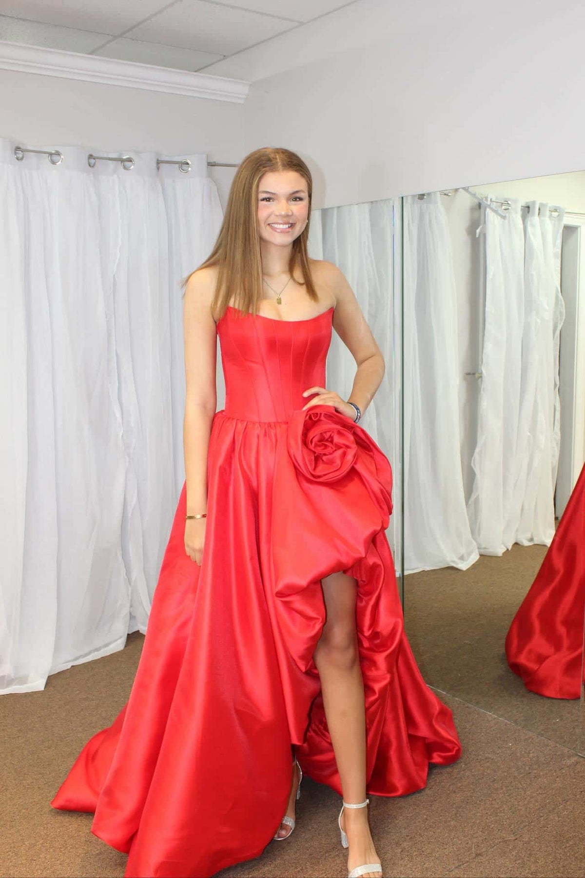 Red Strapless Handmade Flower A-line Gown