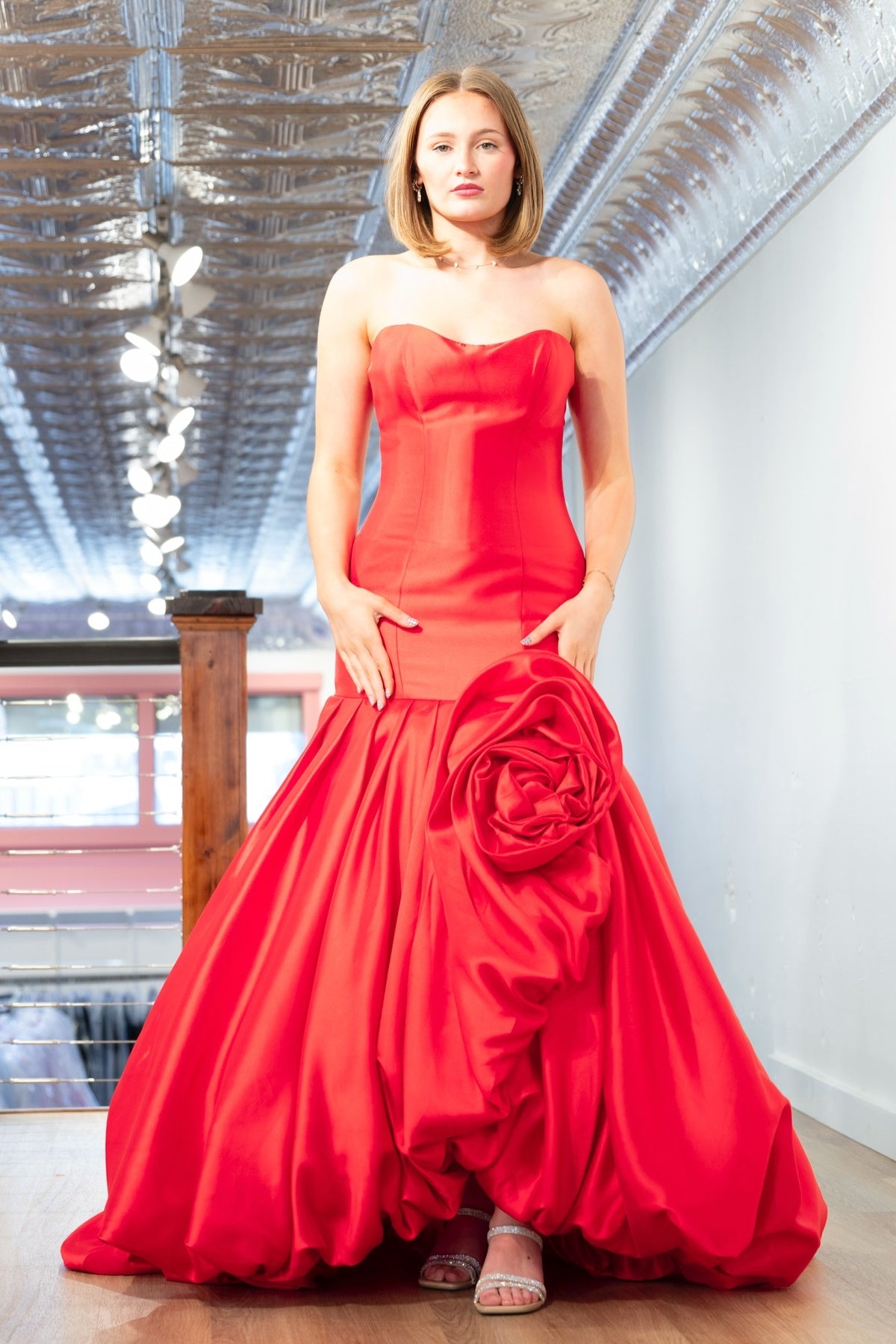 Red Strapless Handmade Flower Mermaid Dress