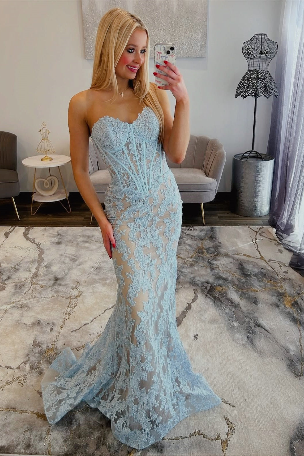Light Blue Sweetheart Floral Embroidered Mermaid Gown