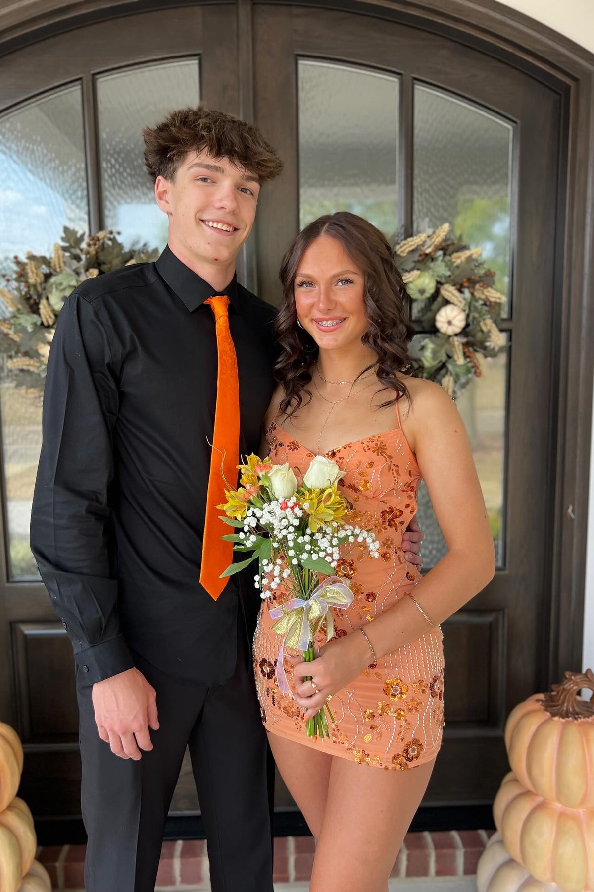 Orange Spaghetti Strap Beaded Sequin Party Dress