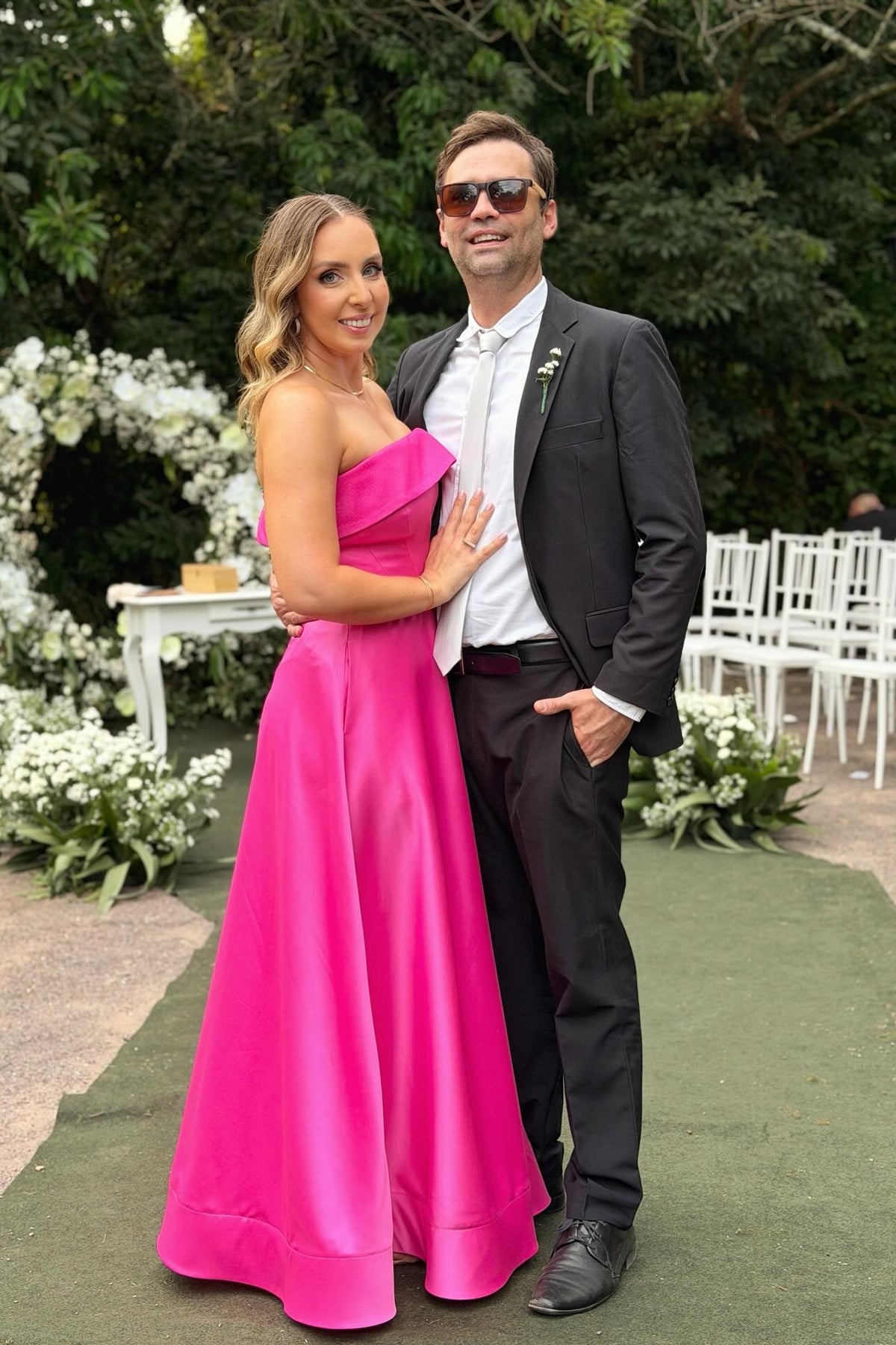 hot pink a line dress Simple A Line Satin Split Hot Pink Prom Dress Party Dress PSK045