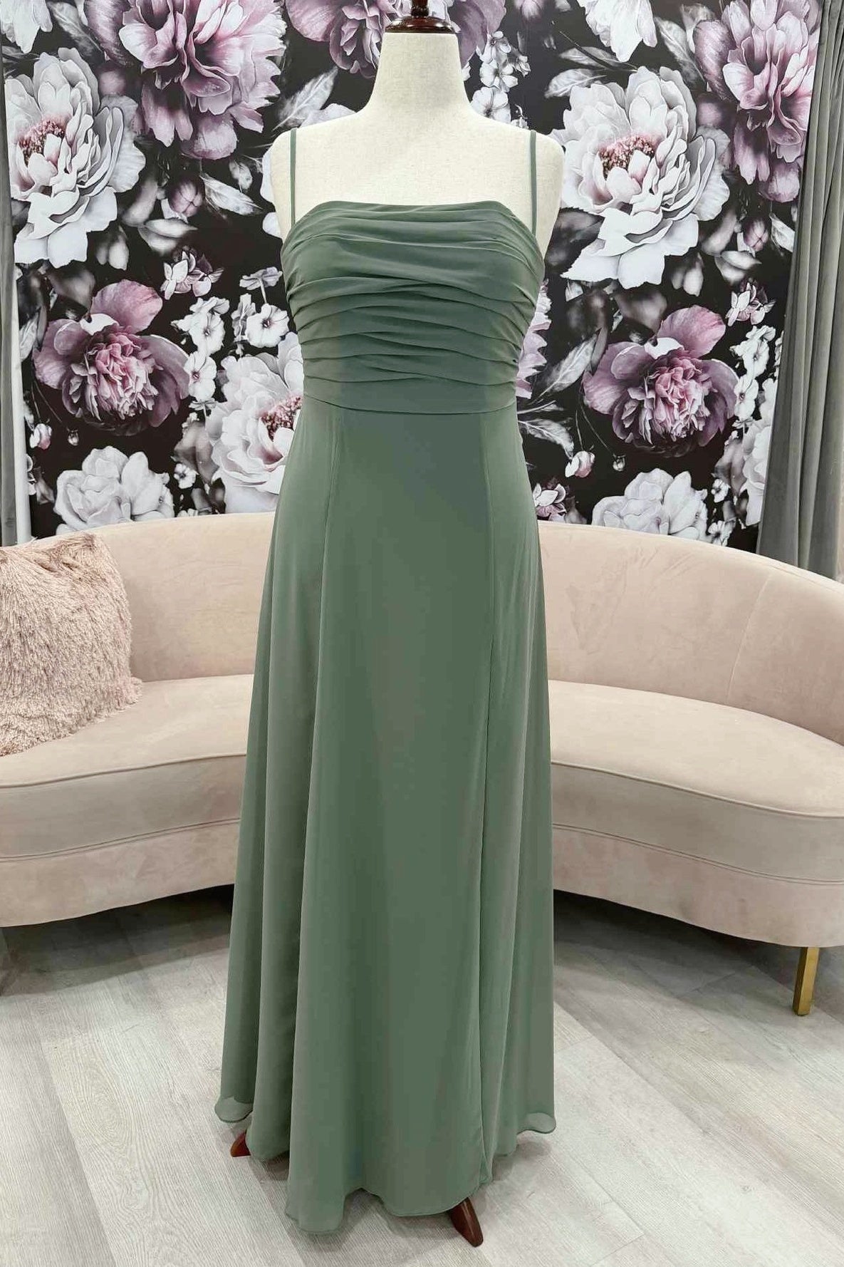 Straps Sage Green Chiffon A-line Long Dress