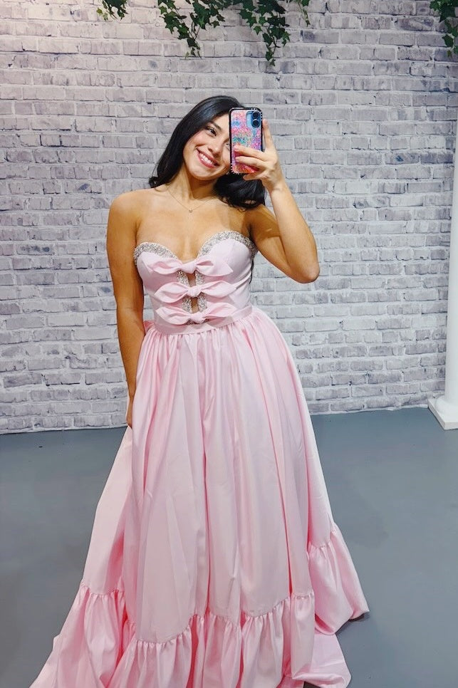 Pink Beaded Bows Sweetheart Neckline Long Dress