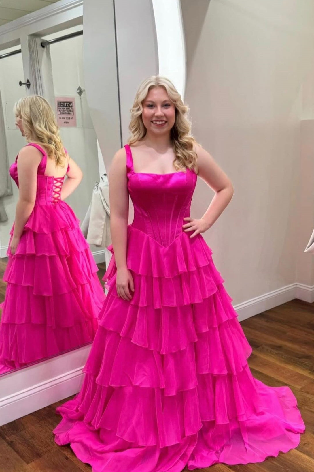 Hot Pink Square-Neck Ruffled A-Line Maxi Dress