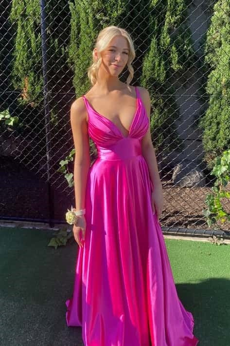 Hot Pink Plunge A-line Satin Formal Dress