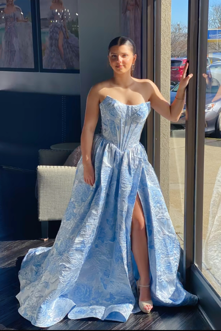 Blue Strapless Jacquard Floral Slit Dress
