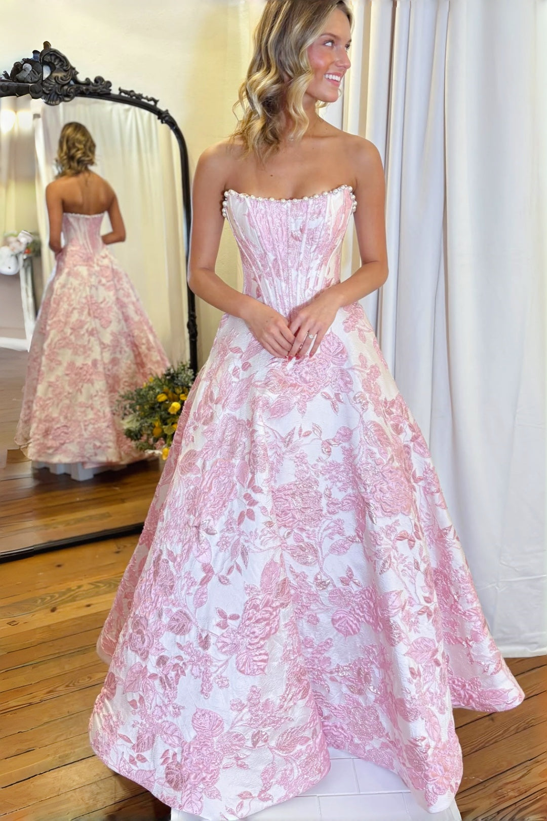 Pink Strapless Pearls Floral A-Line Dress