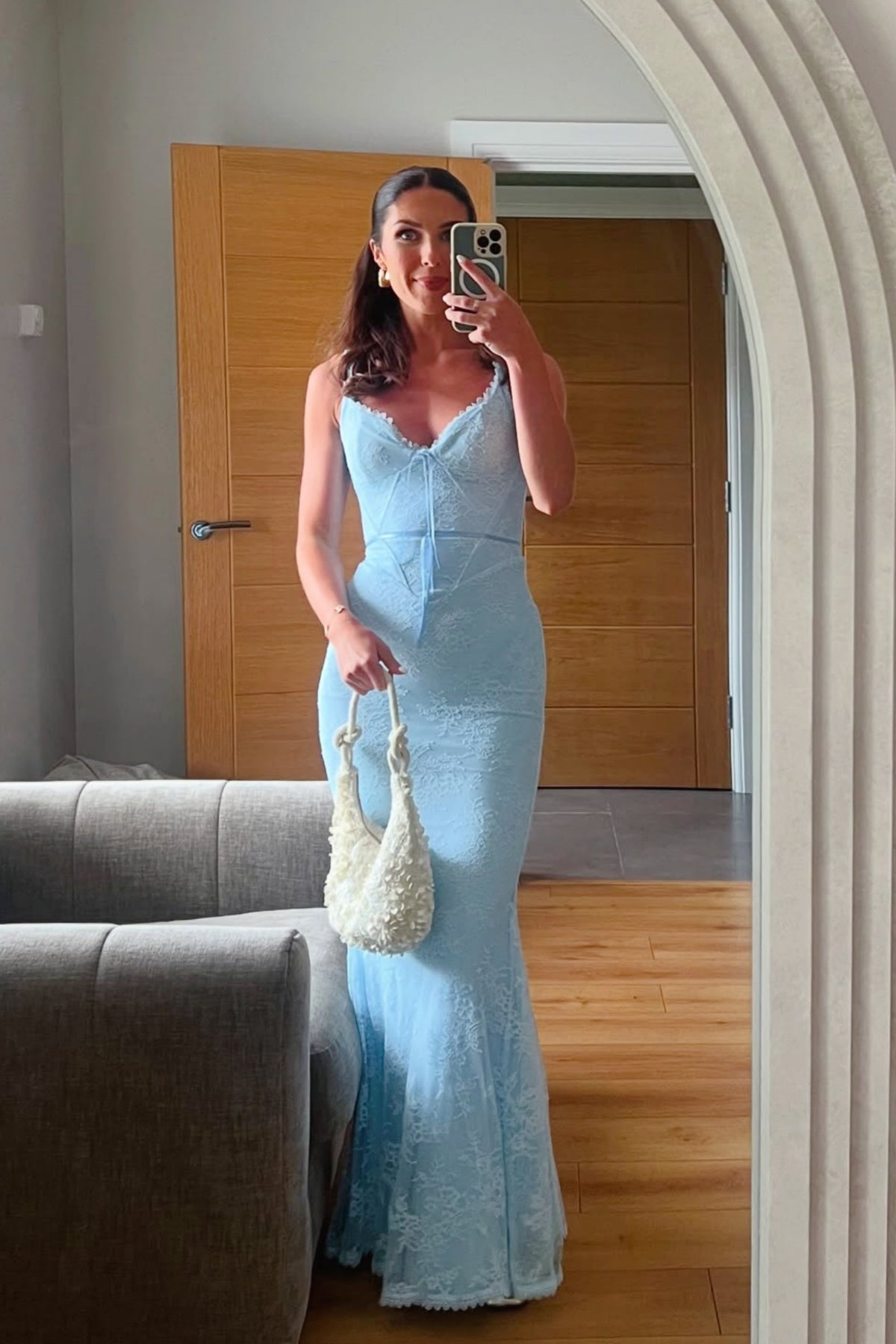Light Blue Lace Fitted Long Dress
