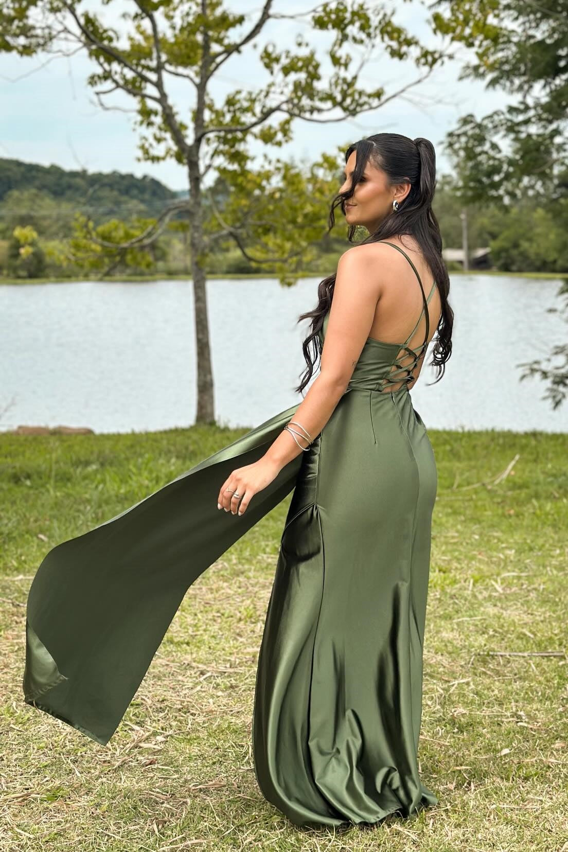 olive green spaghetti strap dress Olive Green Spaghetti Straps Pearl Wedding Guest Dress with Split