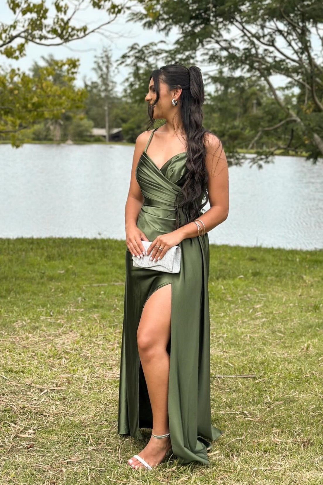 Olive Green Spaghetti Strap Slit Fitted Long Dress Dressesforparty Olive Green Spaghetti Strap Slit Fitted Long Dress Dressesforparty