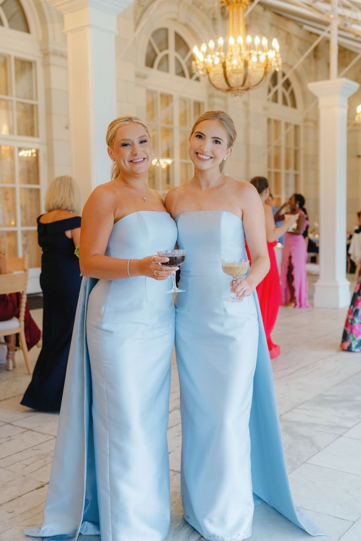 Light Blue Satin Straight Dress with Watteau Train