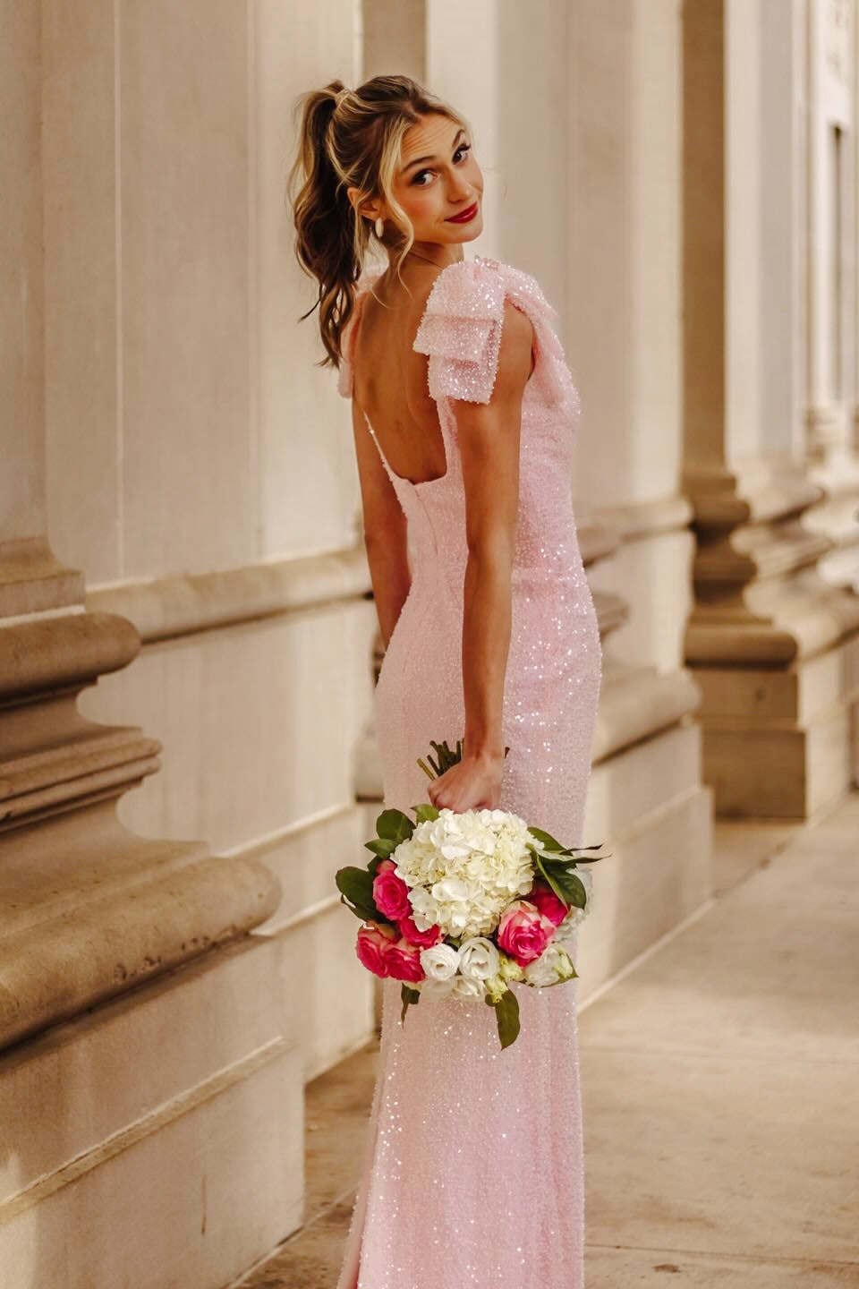 Pink Sequin Bow-Detail Fitted Dress – Dressesforparty
