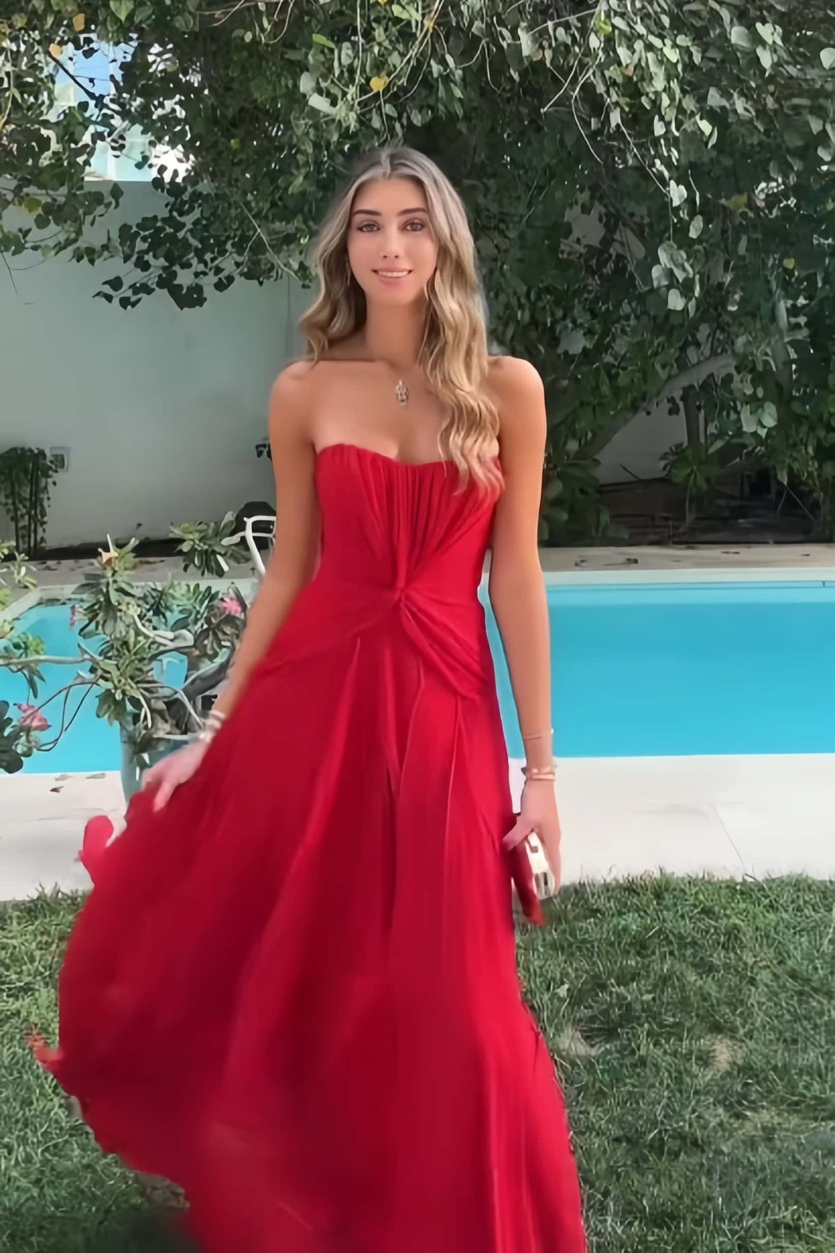 red strapless a line dress Formal Party Dress Red A-Line Strapless Chiffon Maxi Dress-chiclody