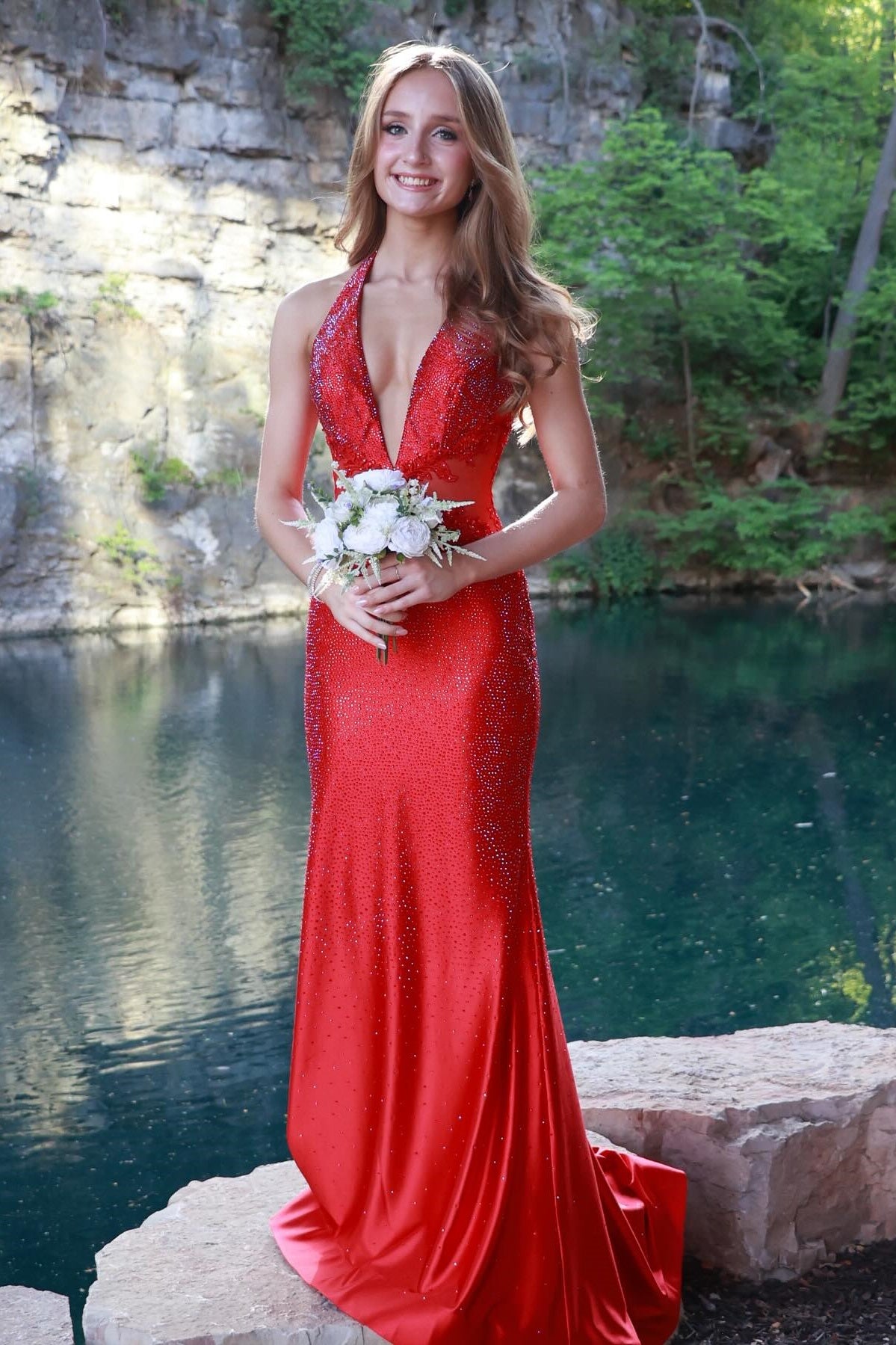 Red Halter V-Neck Rhinestone Mermaid Prom Dress