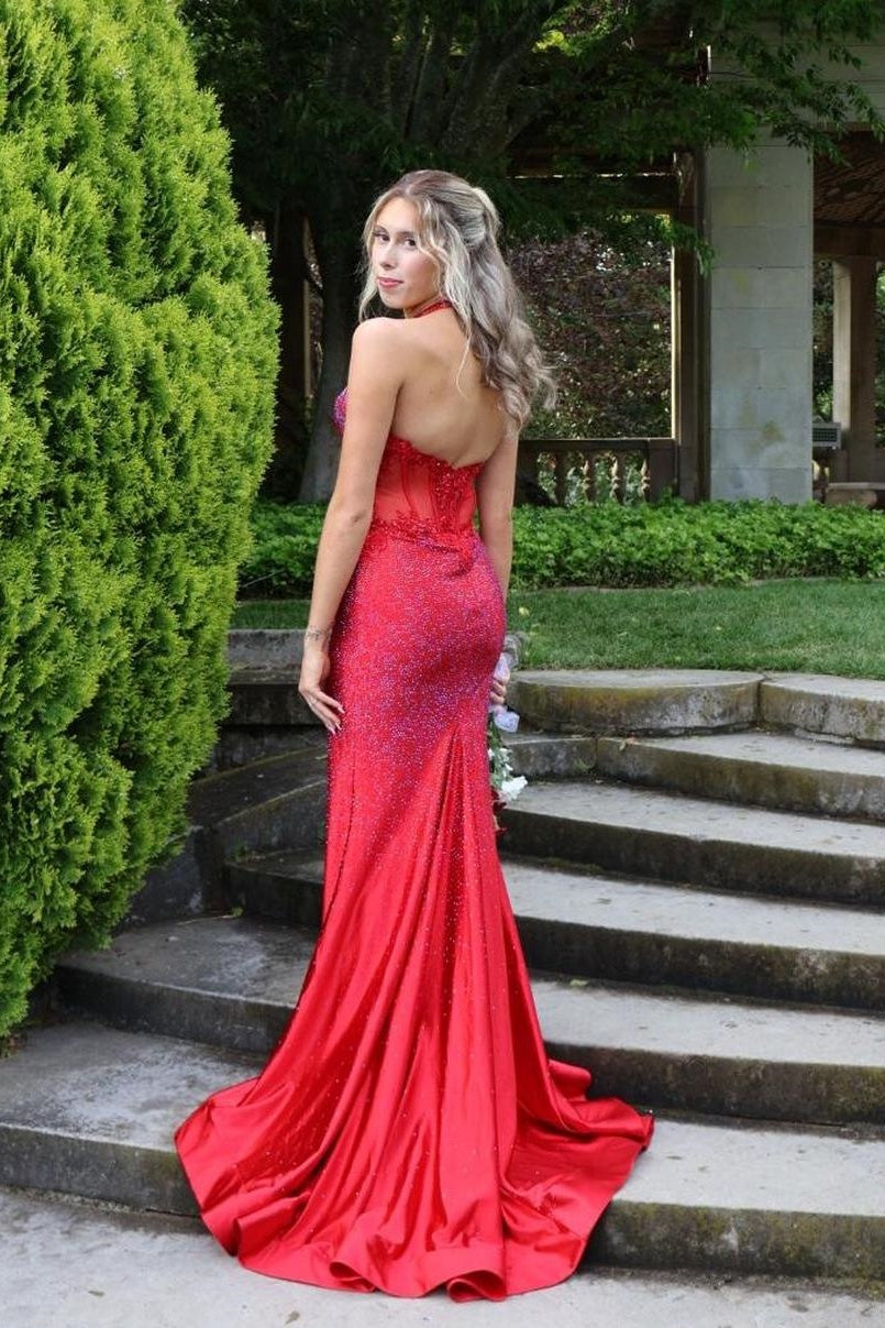 Red Halter V-Neck Rhinestone Mermaid Prom Dress Dressesforparty Red Halter V-Neck Rhinestone Mermaid Prom Dress Dressesforparty