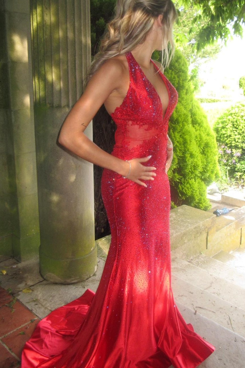Red Halter V-Neck Rhinestone Mermaid Prom Dress Dressesforparty Red Halter V-Neck Rhinestone Mermaid Prom Dress Dressesforparty