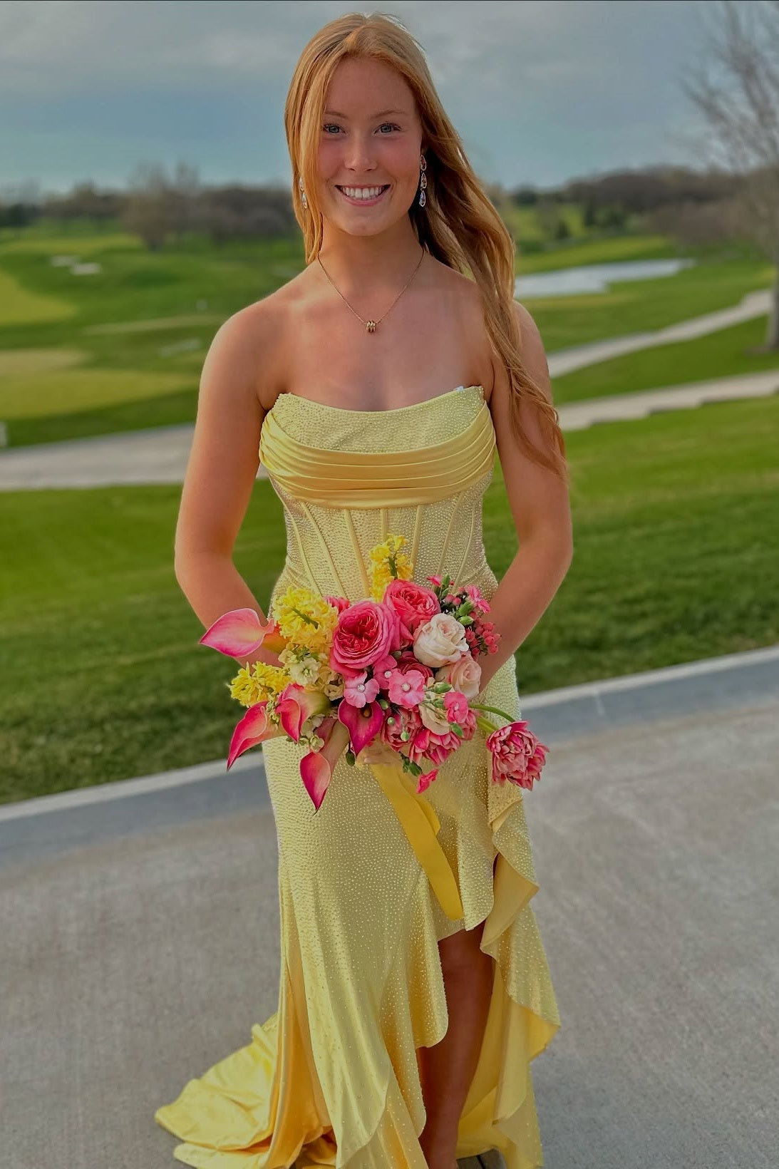 Yellow Beaded Strapless Ruffle Mermaid Dress
