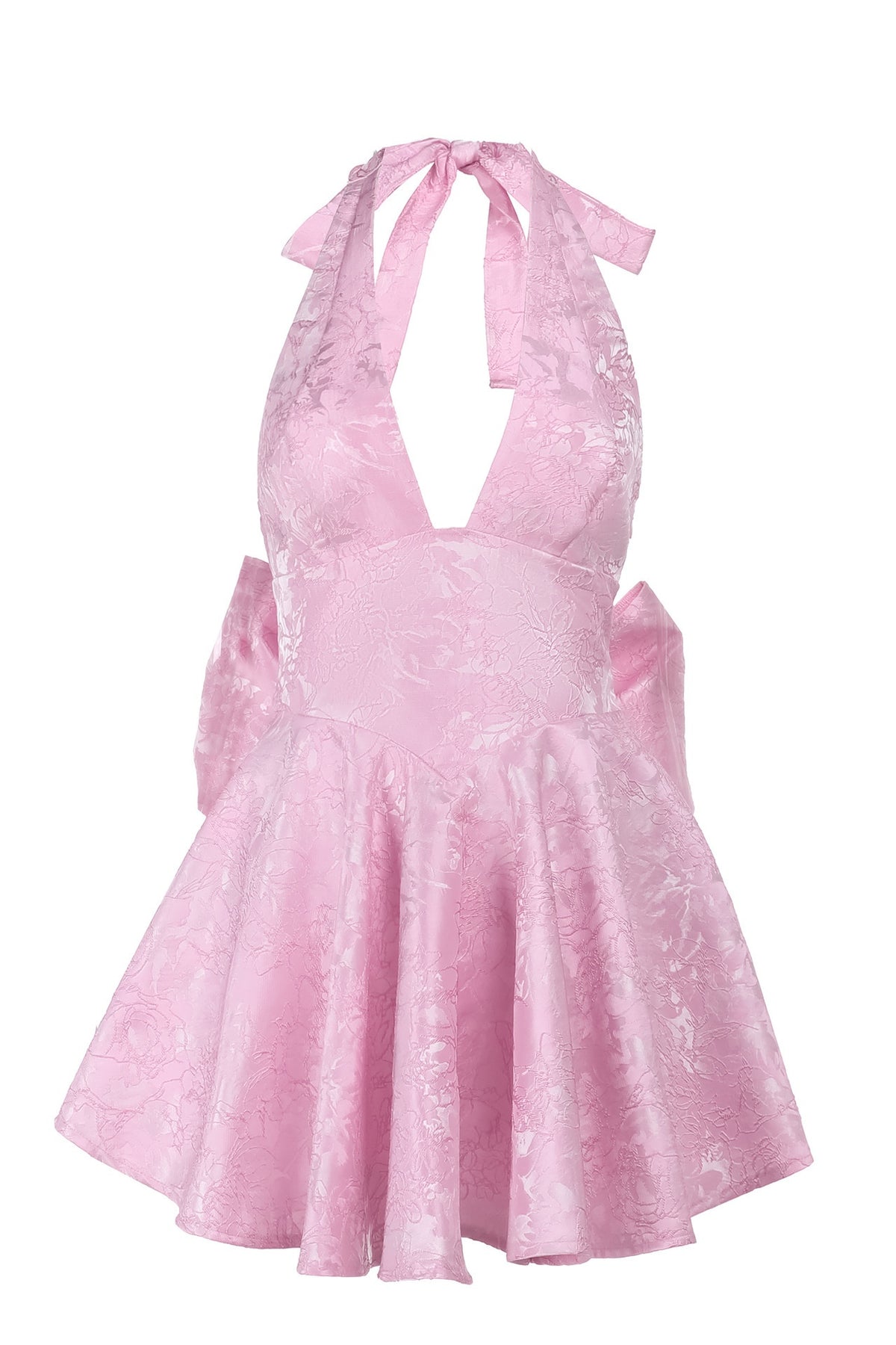 Pink Halter Jacquard Back Bow Mini Dress