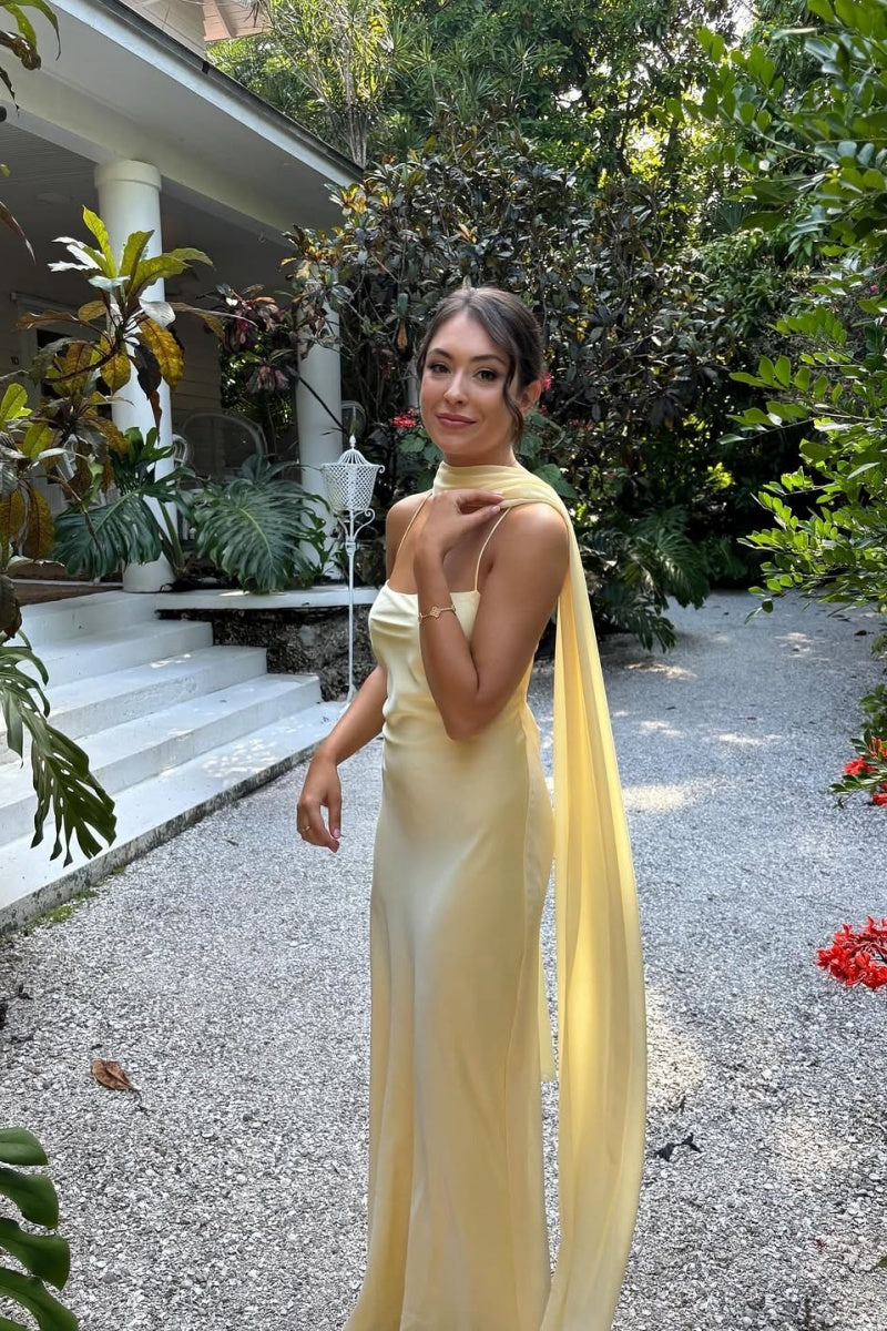 Yellow Spaghetti Straps A-line Long Satin Dress