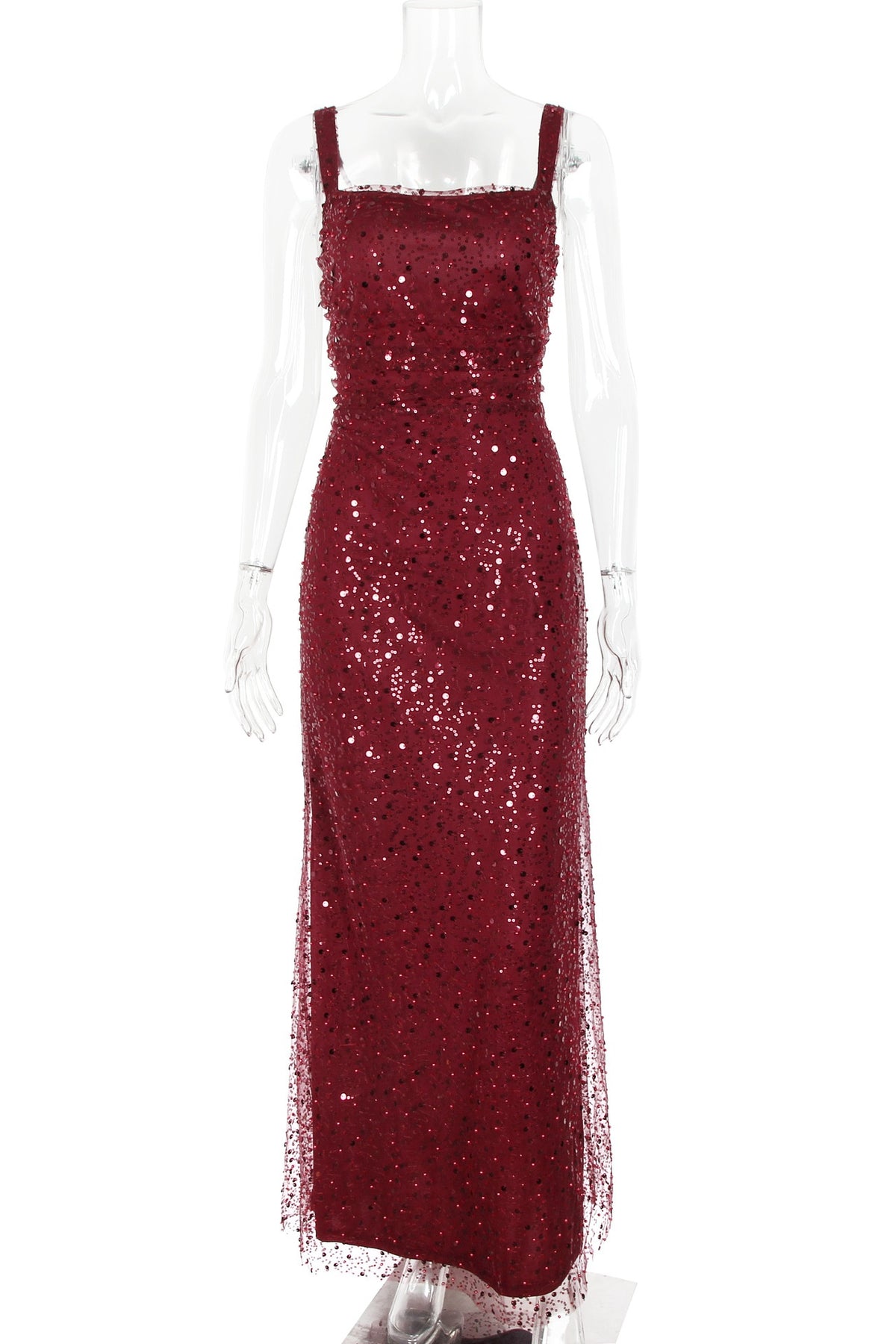 Red Fitted Square Sequin Long Dress
