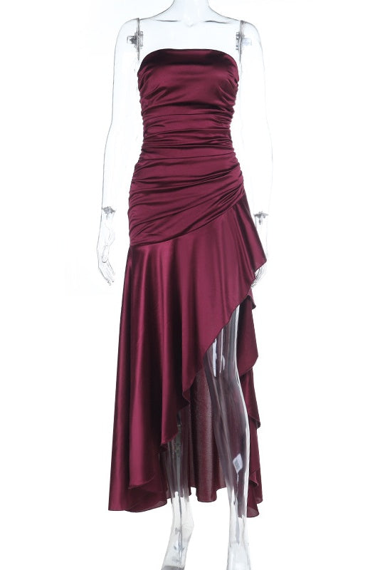 Strapless Burgundy Slit Asymmetrical Long Dress