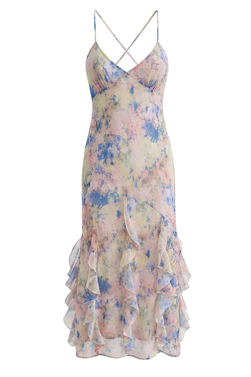 V-neck Floral Print Spaghetti Straps Dress