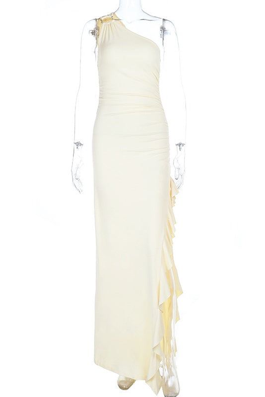 One-shoulder Slit Metal Ring Long Dress