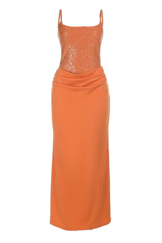 Orange Spaghetti Straps Fitted Long Dress