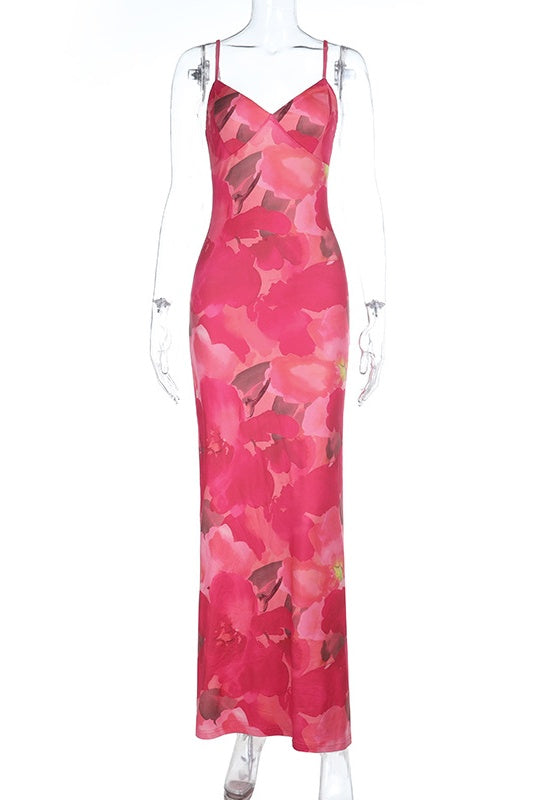 Hot Pink Floral Spaghetti Straps Fitted Long Dress