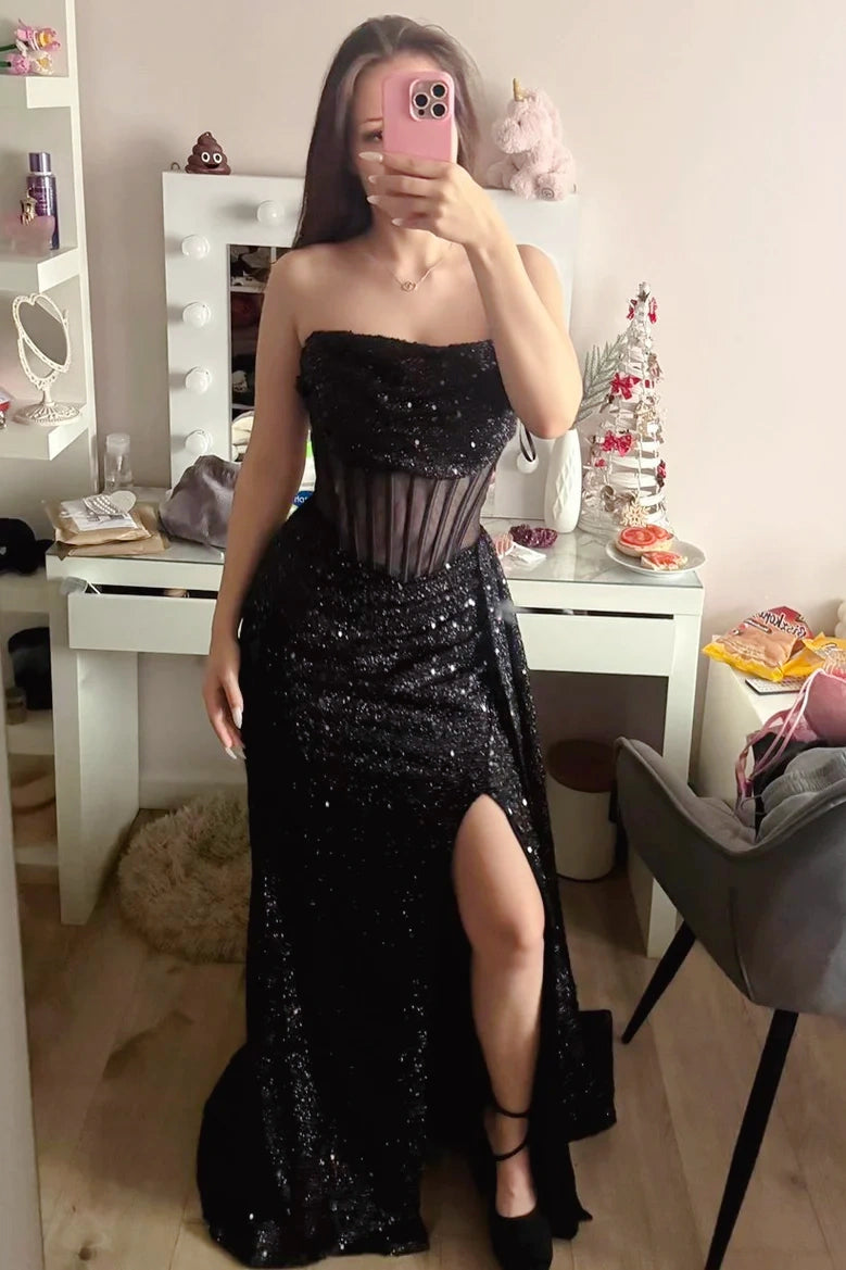 Black Strapless Sequin Slit Mermaid Prom Dress