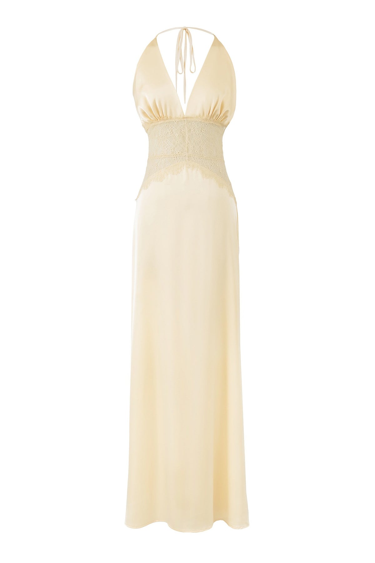 Yellow Satin Backless Halter Lace A-Line Long Dress
