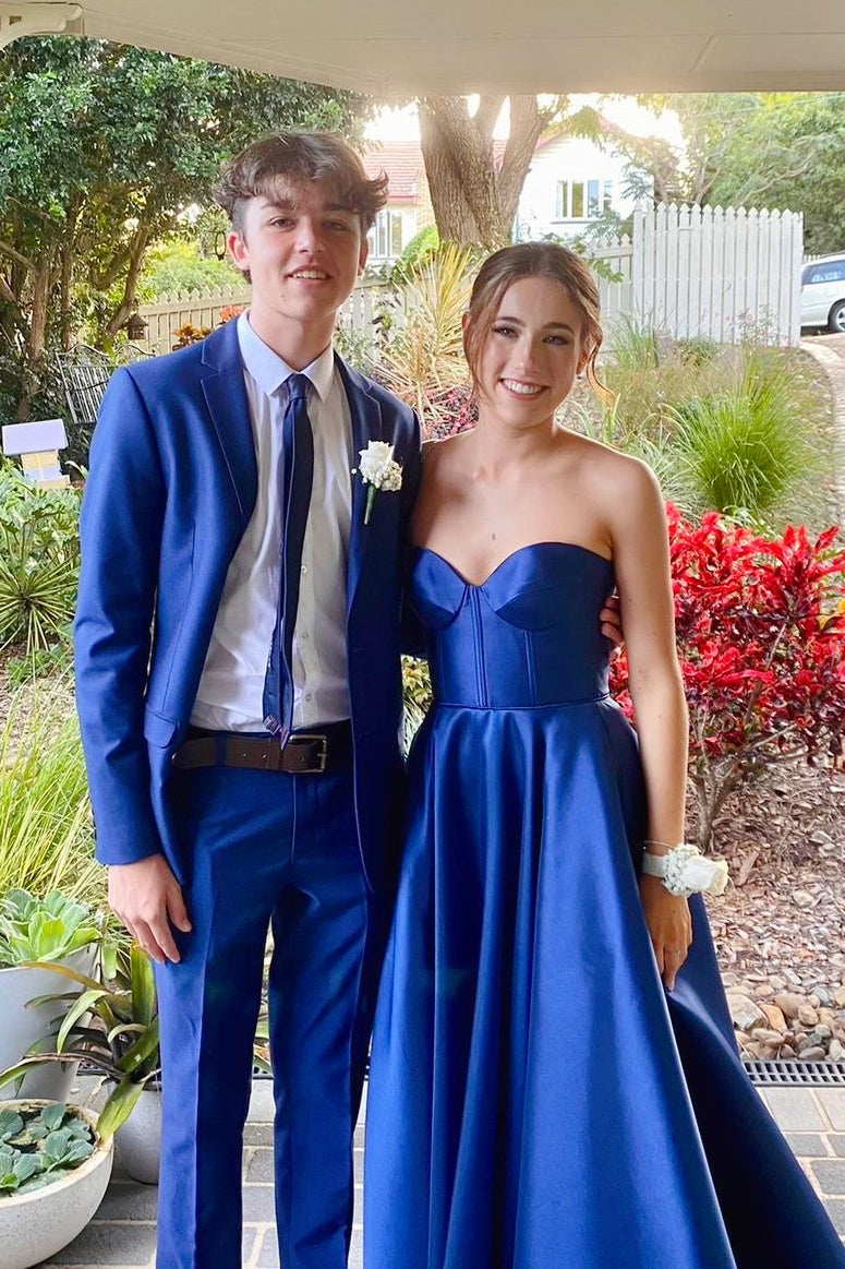 Strapless Royal Blue Satin A-line Long Formal Gown