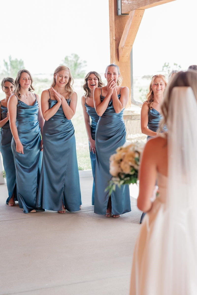 Steel Blue Spaghetti Straps Long Bridemaid Dress