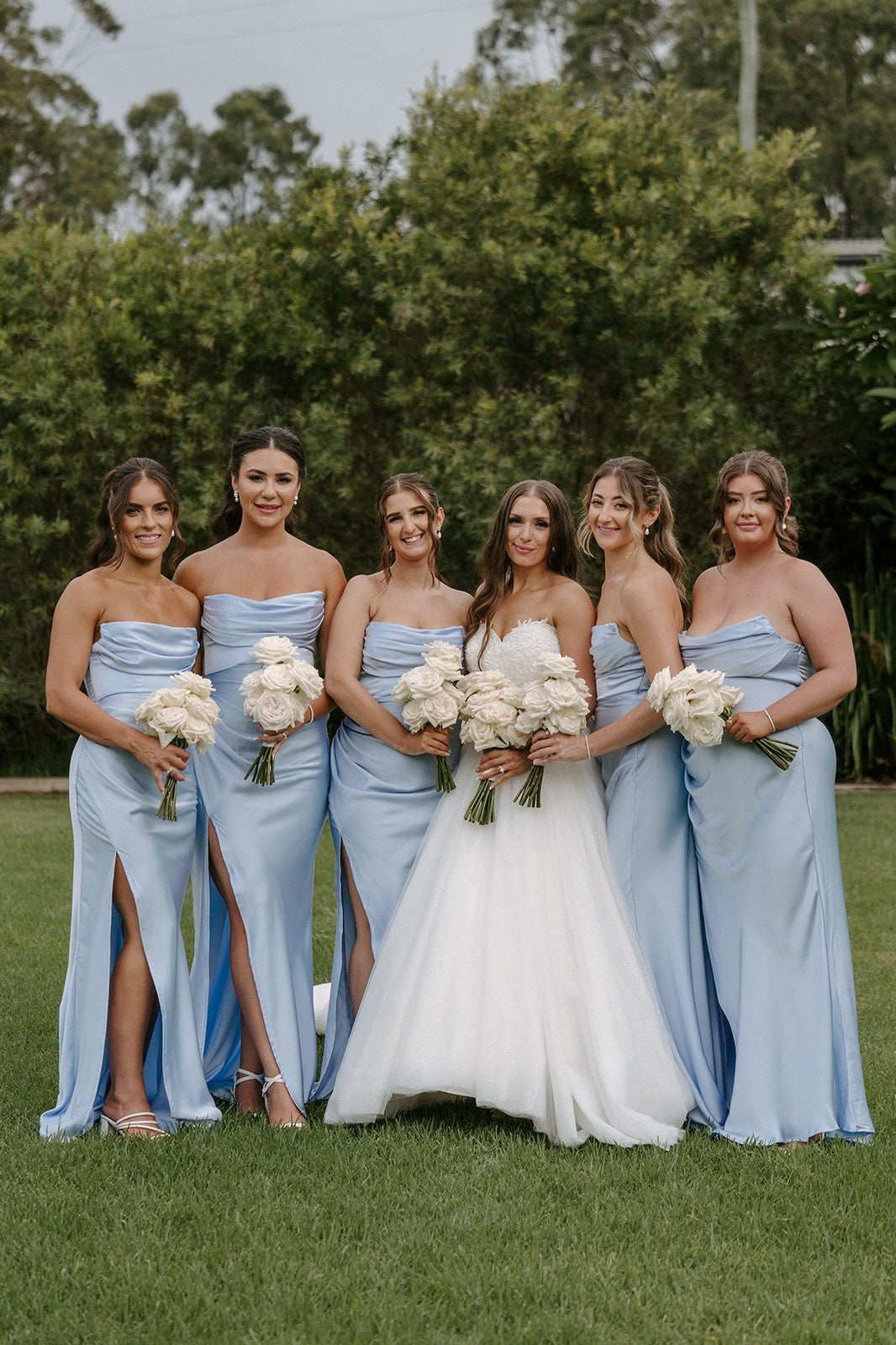 Light Blue Strapless Satin Slit Bridesmaid Dress