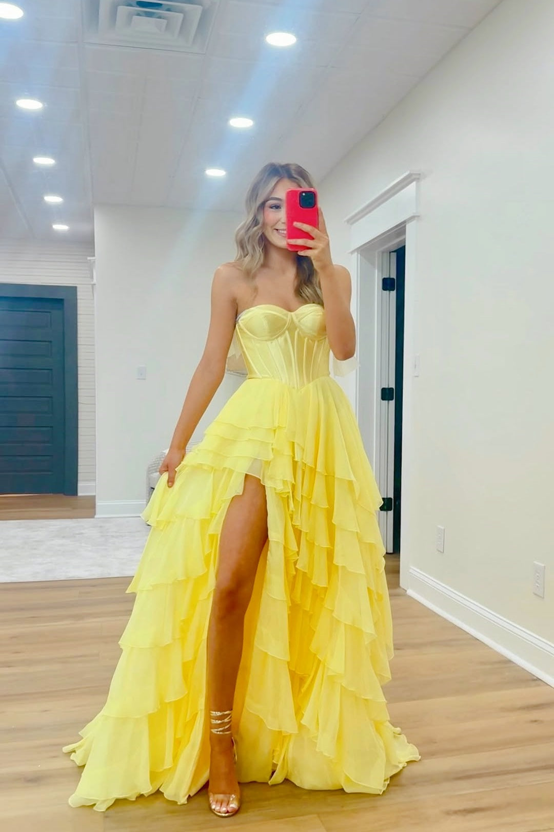 Yellow Corset Sweetheart Slit A-line Ruffle Formal Dress