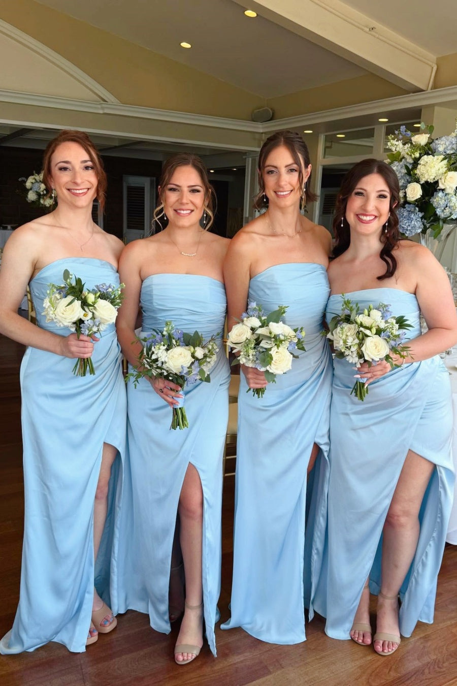 Light Blue Pleated Strapless Slit Bridesmaid Dress