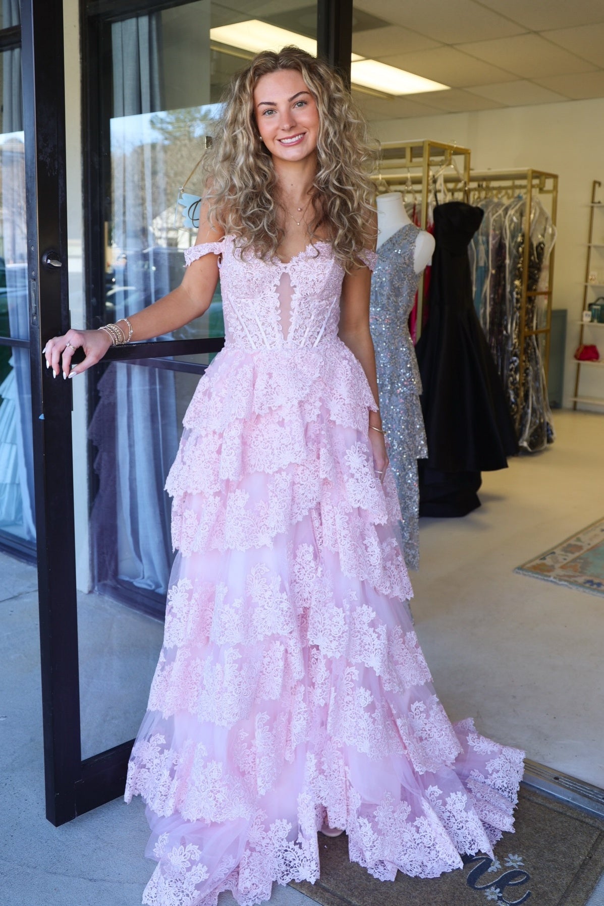 Pink Off-the-Shoulder Cut-Out Ruffle A-Line Long Dress