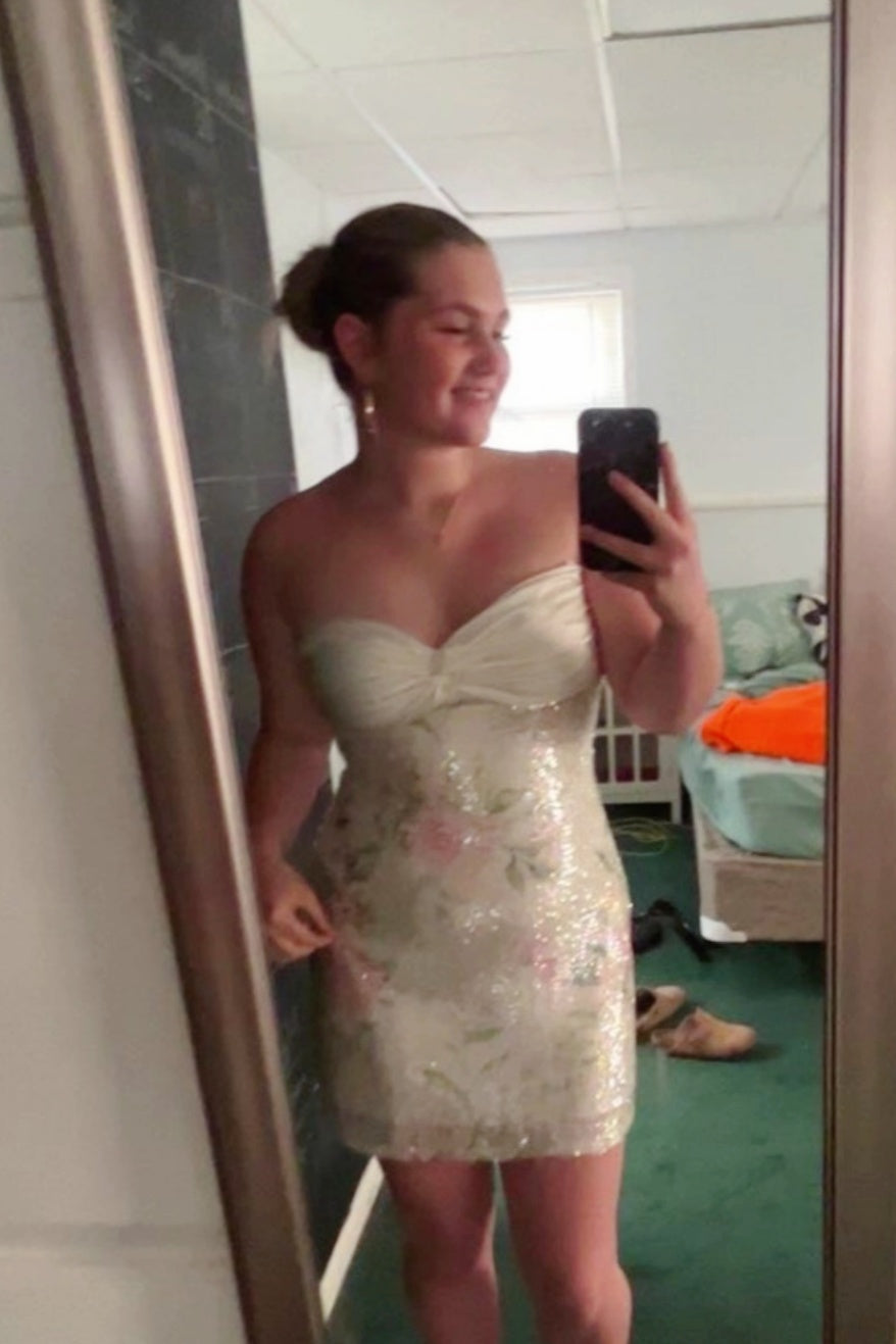 White Floral Sequin Sweetheart Mini Dress