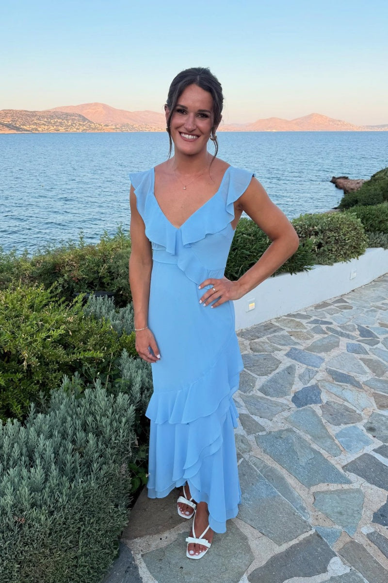 Sky Blue Ruffles V-neckline A-line Maxi Dress