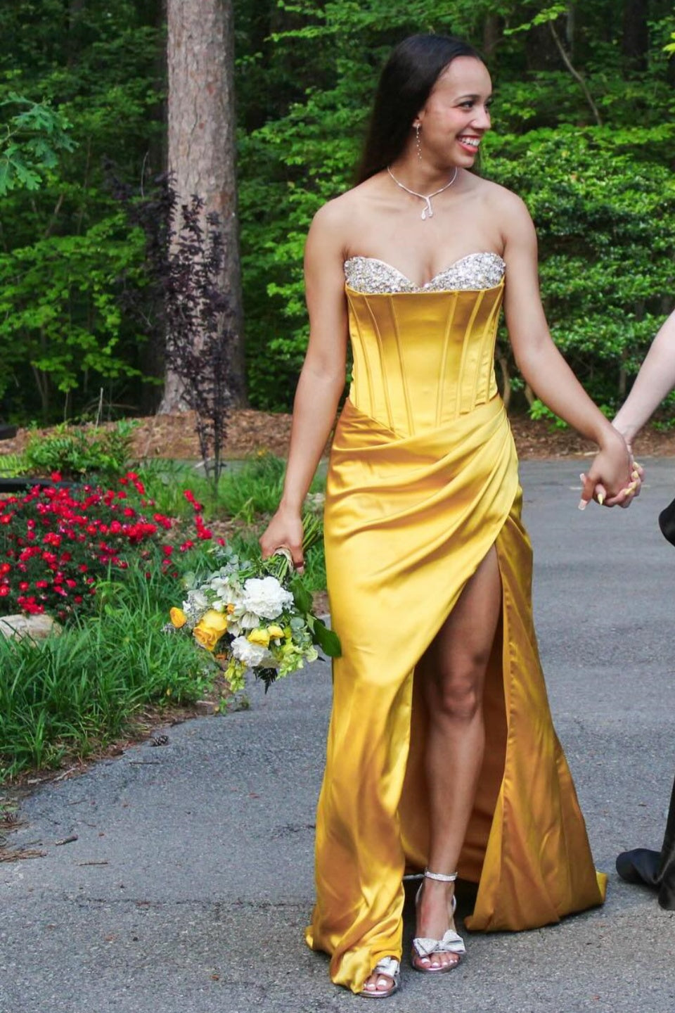 Yellow Satin Slit Sweetheart Mermaid Gown