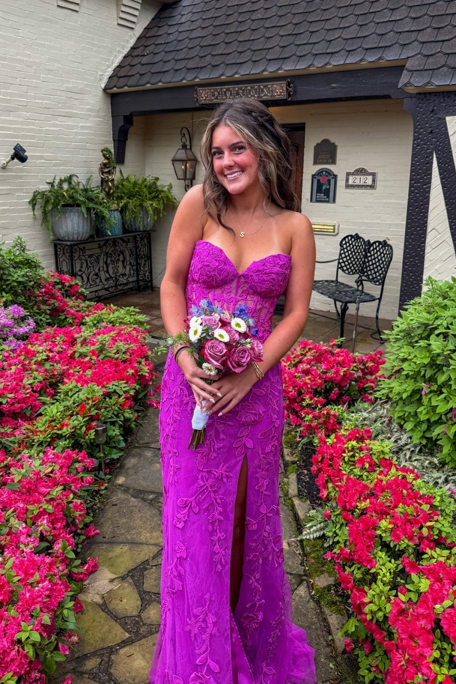 Purple Floral Sweetheart Slit Mermaid Gown