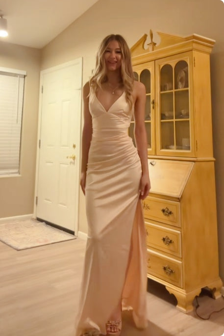 Straps V-Neck Yellow Satin Slit Party Dress