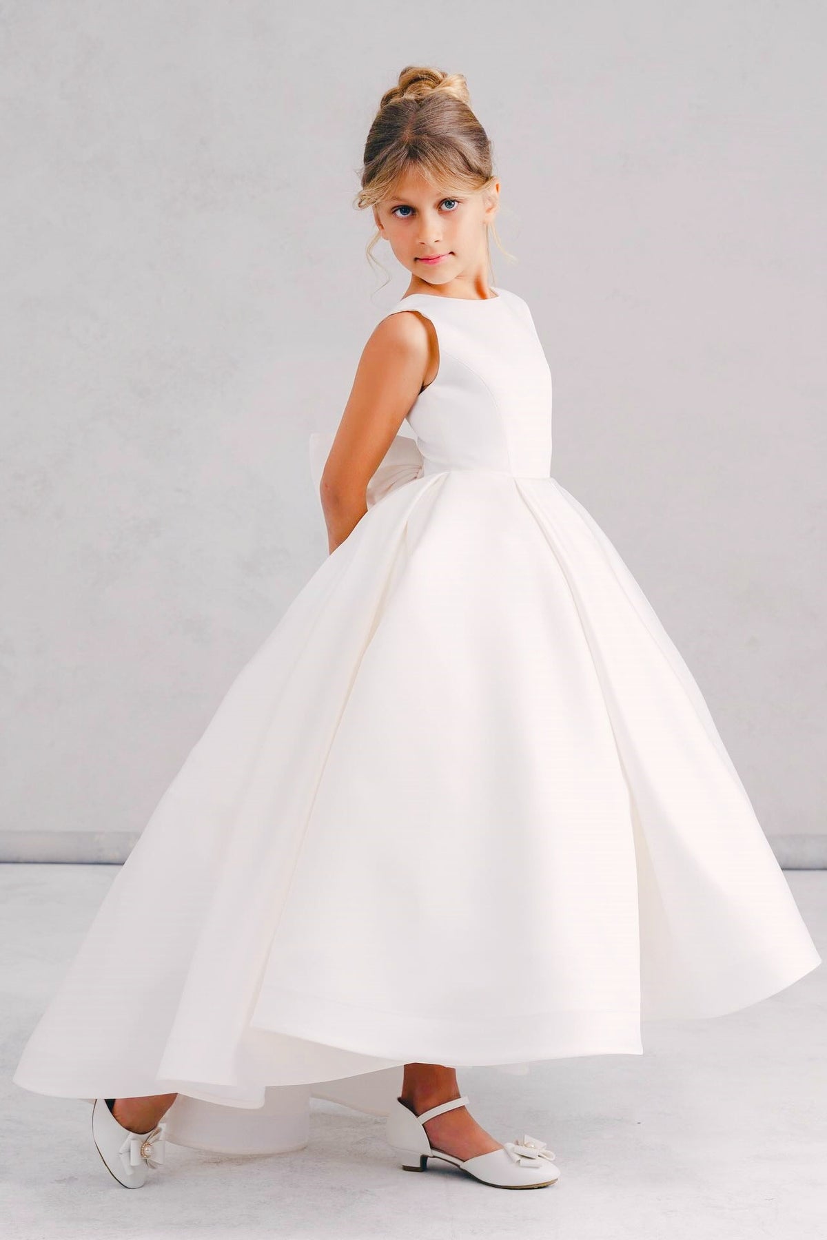 White Satin Bow A-line Flower Girl Dress
