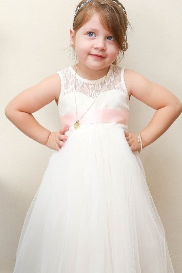 White Tulle Tie A-line Flower Girl Dress
