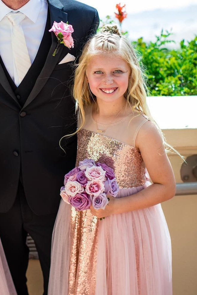Pink Sequin Tulle A-Line Flower Girl Dress